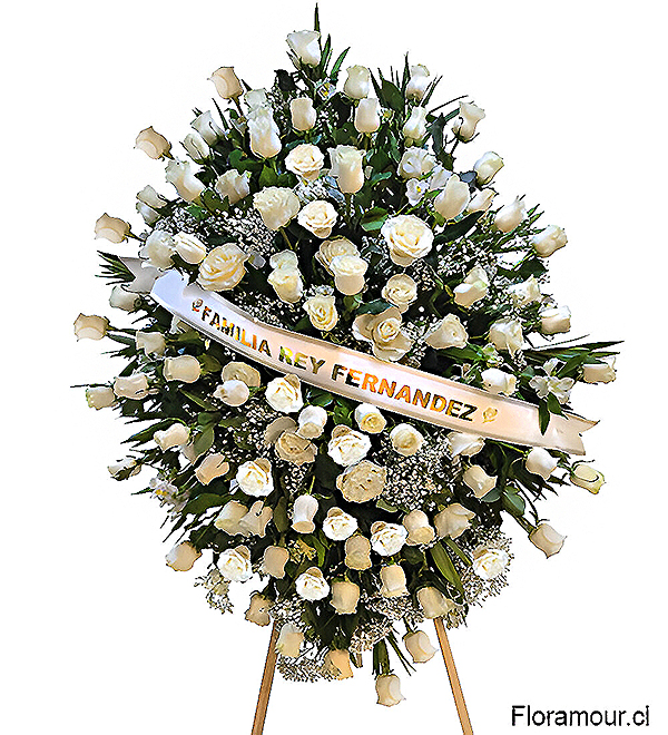 Gran ovalo (Corona ofrenda para funeral) montada en atril. Apropiado para ceremonias familiares, empresas e instituciones. Disponible para envíos dentro de toda la Regíon metropolitana de Santiago.
 